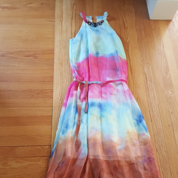 Rainbow tie dye chiffon maxi dress with beaded col - Picture 1 of 2